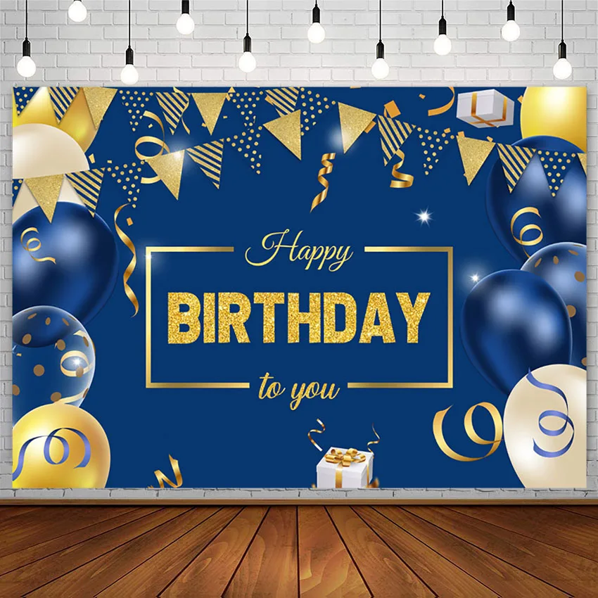 Avezano Fotografie Achtergrond Goud Blauw Ballonnen Vlag Confetti Jongen Man Volwassenen Verjaardagsfeestje Achtergrond Fotostudio Photophone