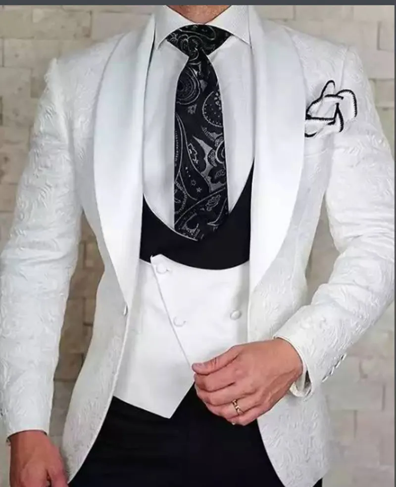 Esmoquin de boda Floral blanco para novio, 3 piezas, Chaleco Ajustado de doble botonadura, chaqueta con pantalones negros, disfraz de moda para hombre