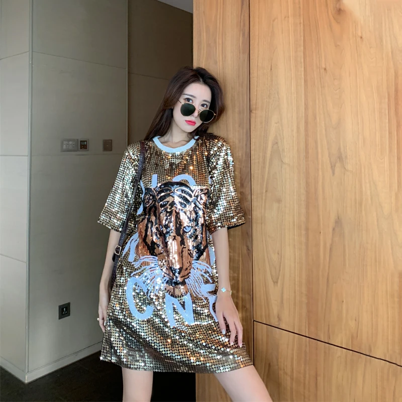 CHIC Hip Hop Europe US Cartoon Tiger Women Sequined T-shirt Punk Casual Loose Long Top Dance Punk Jersey Tees Dress Street Wear