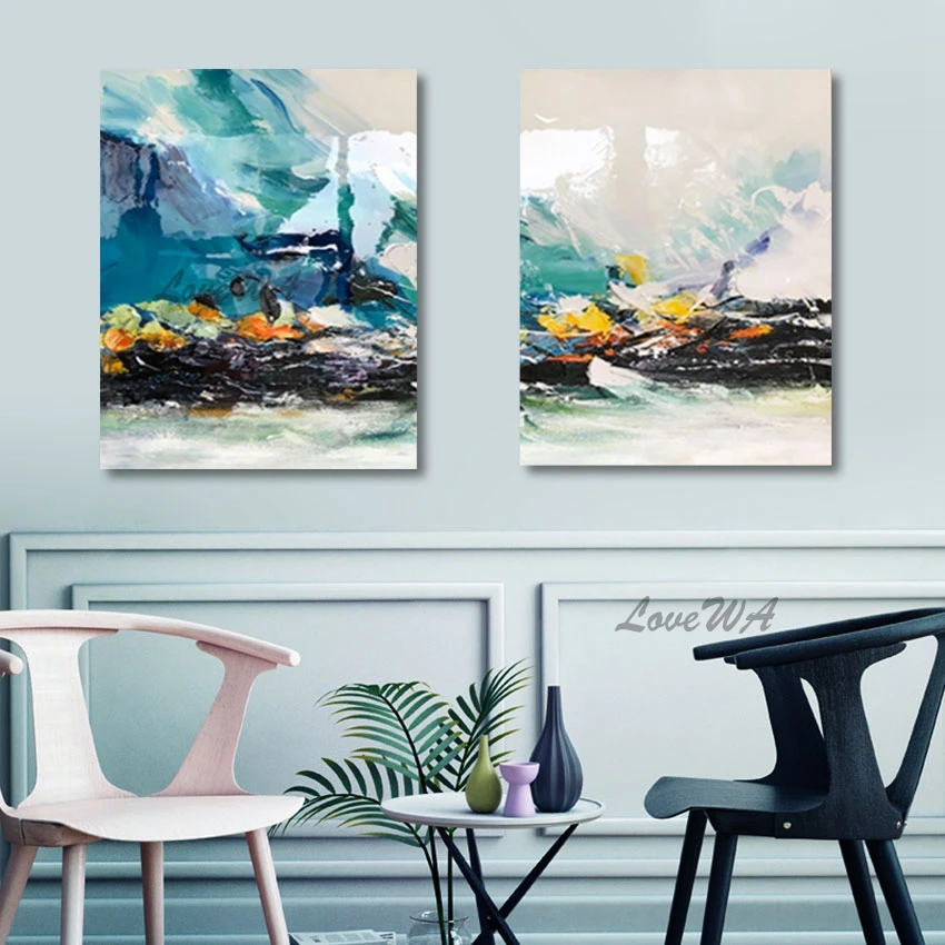 100% Handpainted Modern 2 Panel Canvas Art Color Abstract Painting No Framed Picture For Restaurant Home Decoration Piece