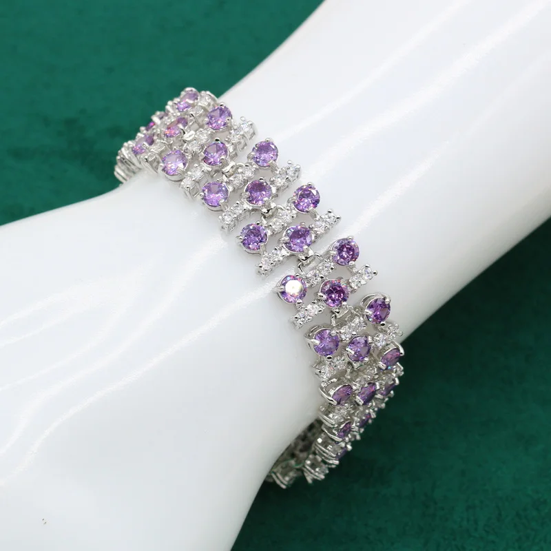 Bride Purple Zircon Silver Color Jewelry Set for Women Wedding Bracelet Earrings Necklace Pendant Ring Birthday  Gift