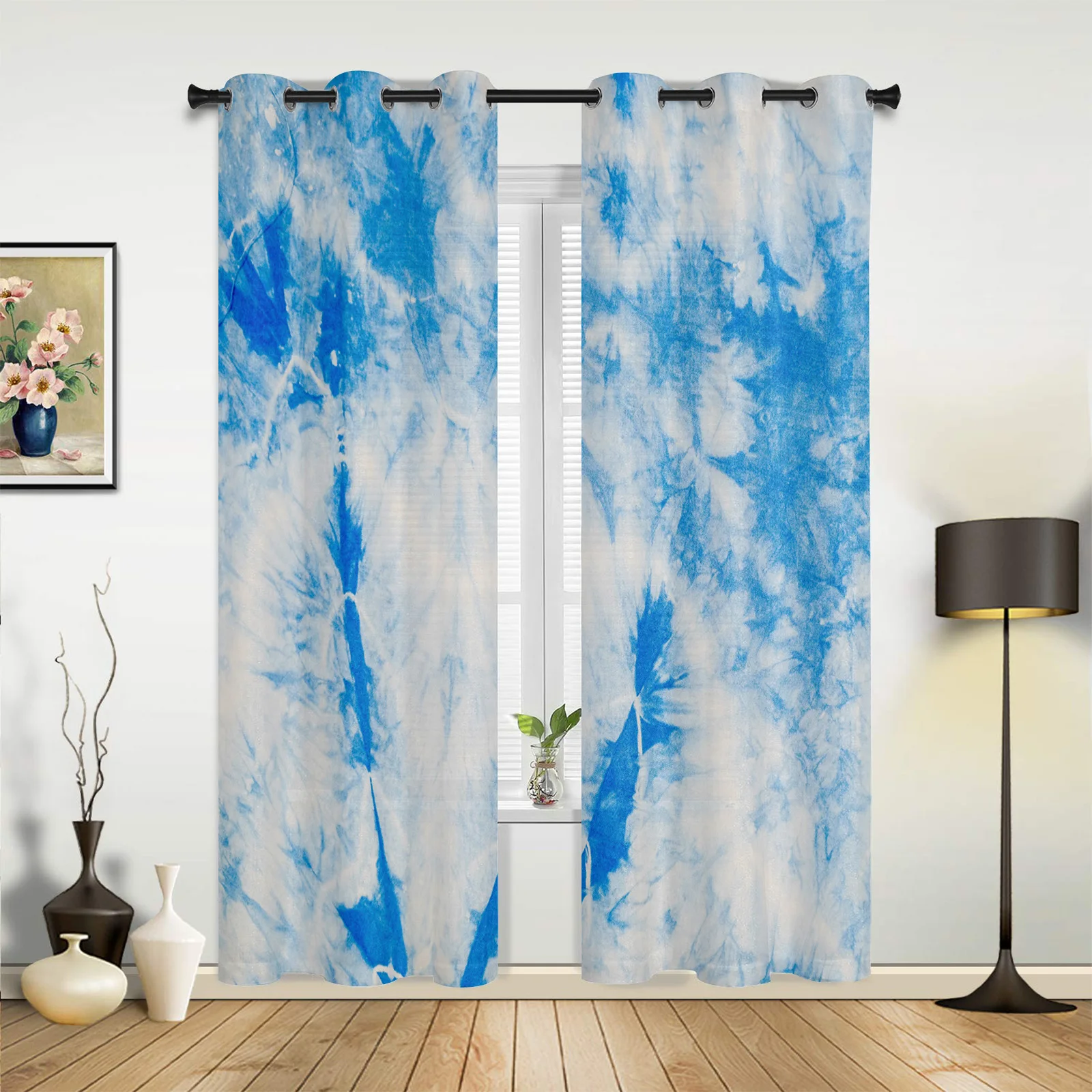 Modern Curtains Blue Tie-Dye Pattern Ethnic Style Baby Room Bedroom Creative Curtains Kitchen Living Room Valance Curtains