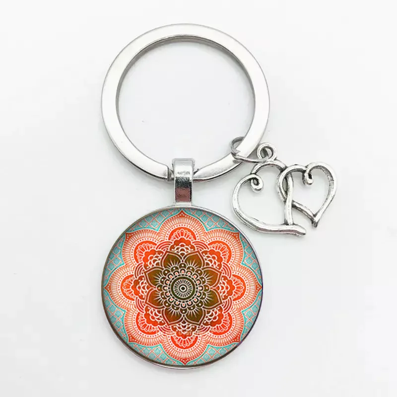 Hot Classic Retro Indian Yoga Mandala Flower Keychain Buddhist Chakra Pattern Key Ring Key Ring Chain Glass Cabochon Henna Jewel