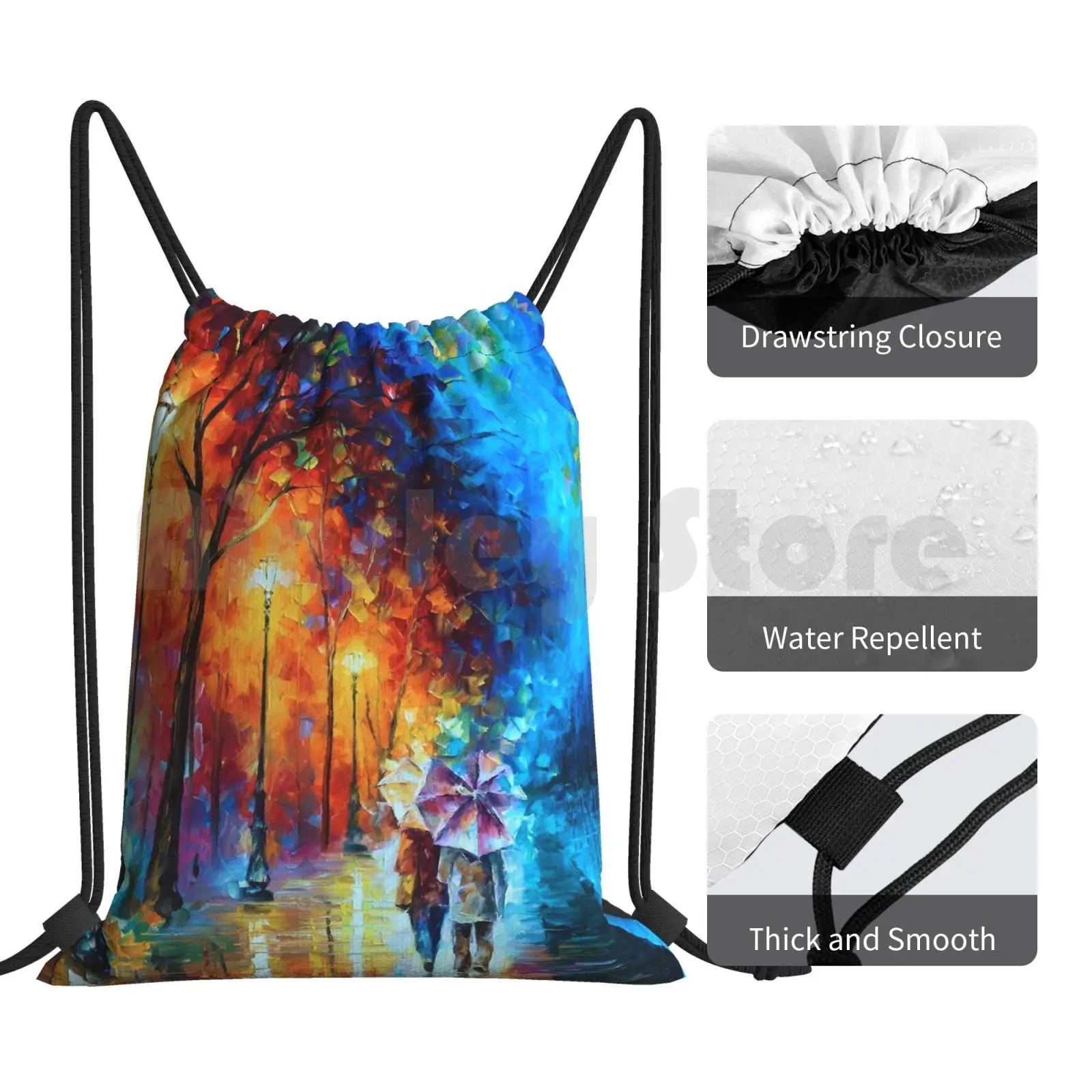 Love By The Lake-Backpack Drawstring Bags Gym Bag Waterproof Paris France Cafe Restaurant Oil Painting Wall Night Evening