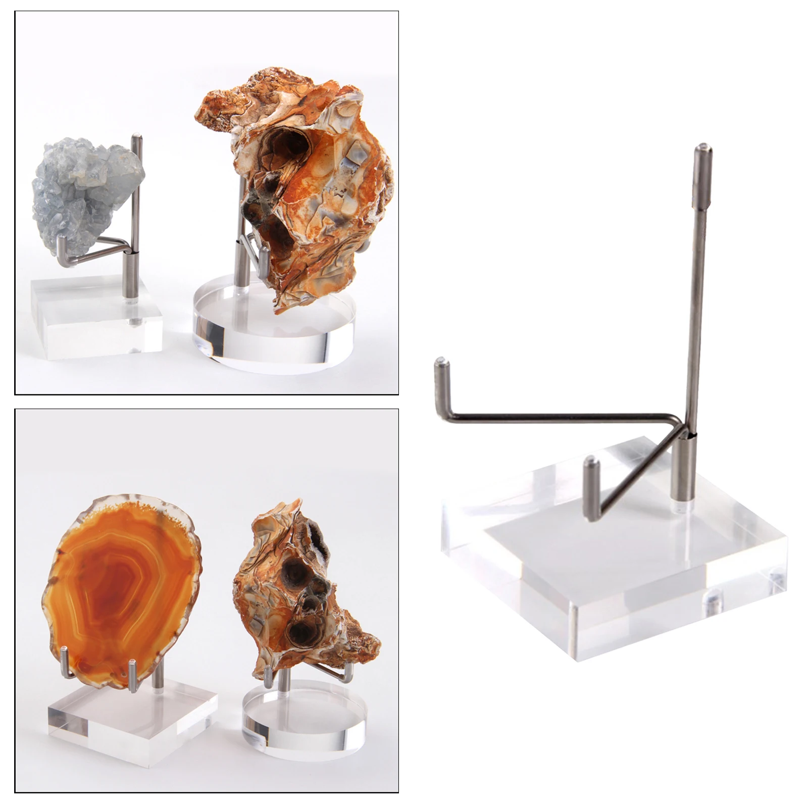 Clear Acrylic Display Stand Metal Arm Holder Rack for Minerals Rocks Geode Crystal Agate Home Office Decor