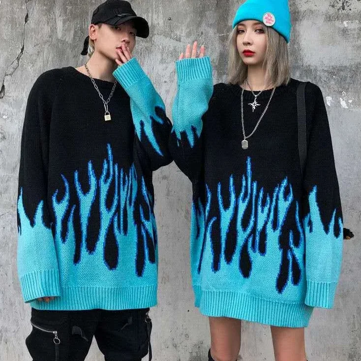 Autumn Women Oversize Sweater Harajuku Flame Knitted Couple Pullover Winter Hip Hop O-neck Loose Jacquard Men Sweatshirt Sweater