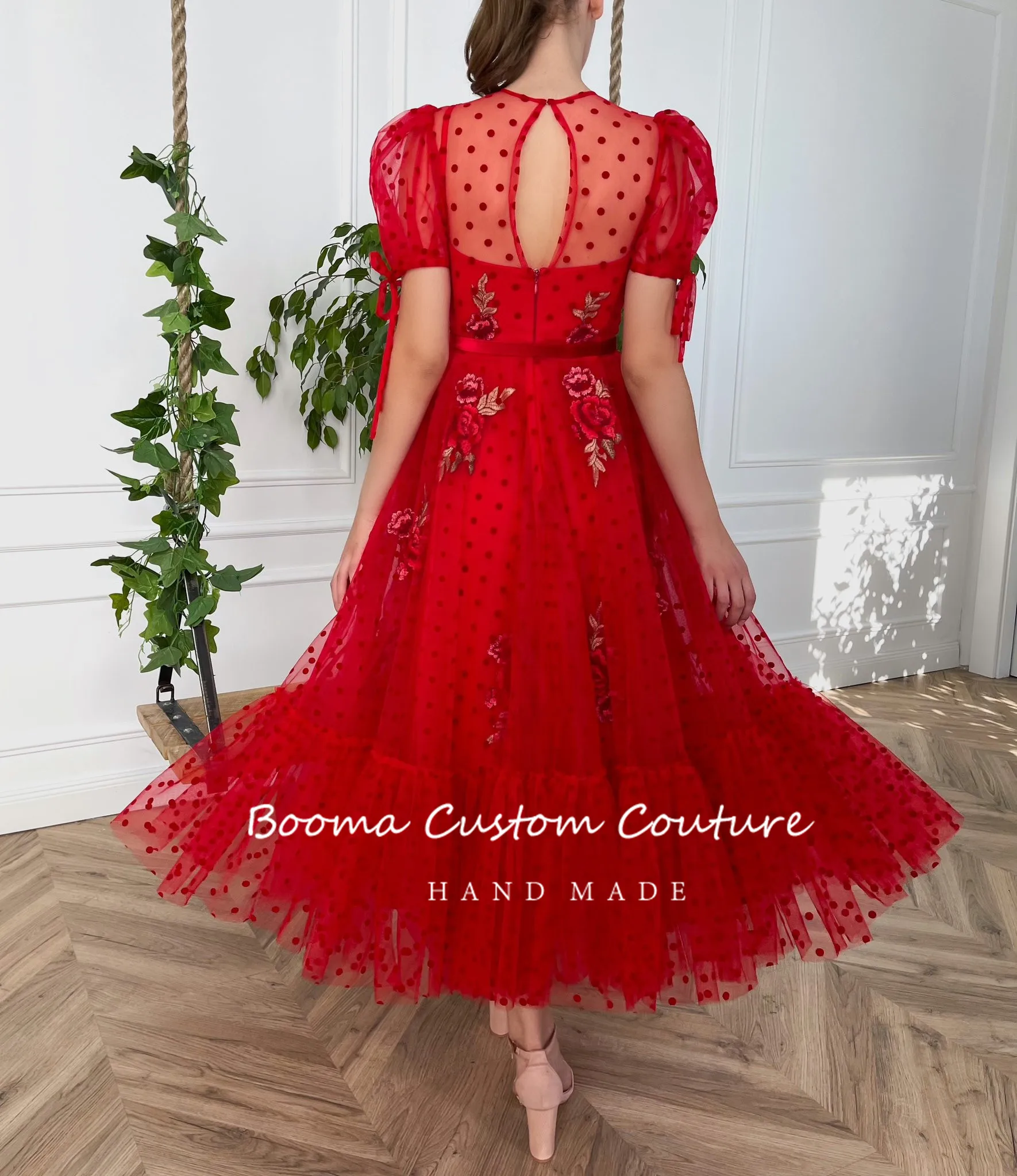 Booma vermelho bolinhas tule vestidos de baile 2022 mangas curtas apliques midi formal vestidos de festa chá-comprimento a linha vestidos de noite