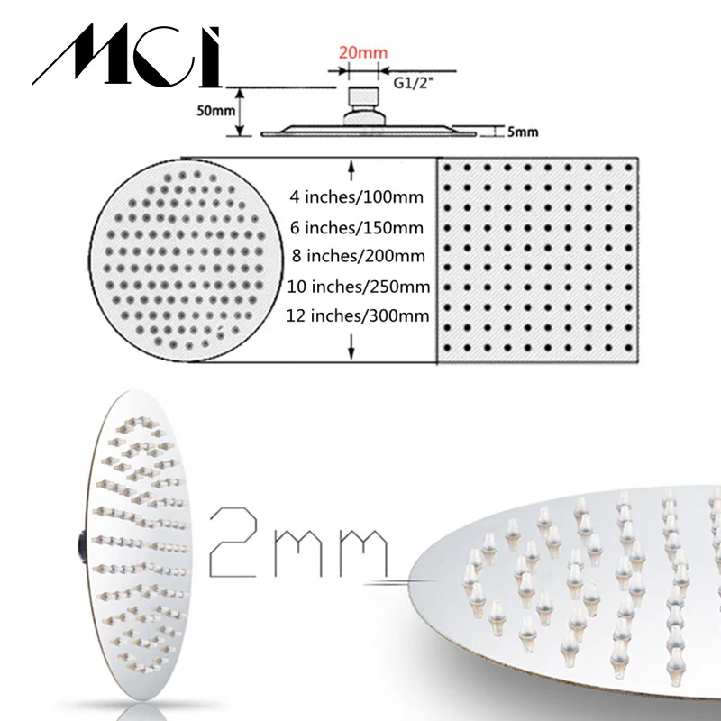 Mci Stainless Steel 8/12 Inch Waterfall Rainfall Square Round Ultra-thin High Pressure Waterfall Rainfall rotatable Shower Head
