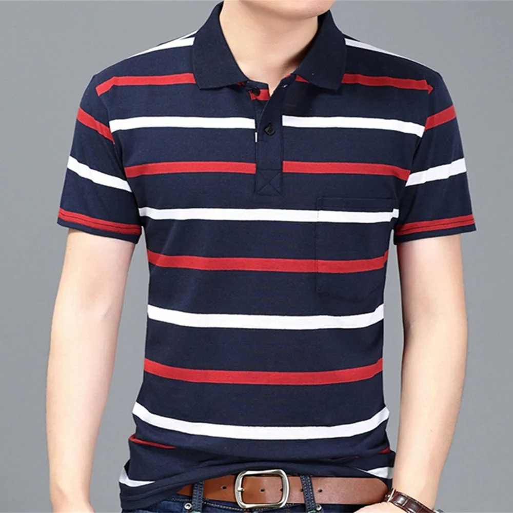 MwOiiOwM New Summer Style Striped Short Sleeve Casual Male T Shirt High Quality Polyester T-shirts Men Turn Down Collar Tshirt