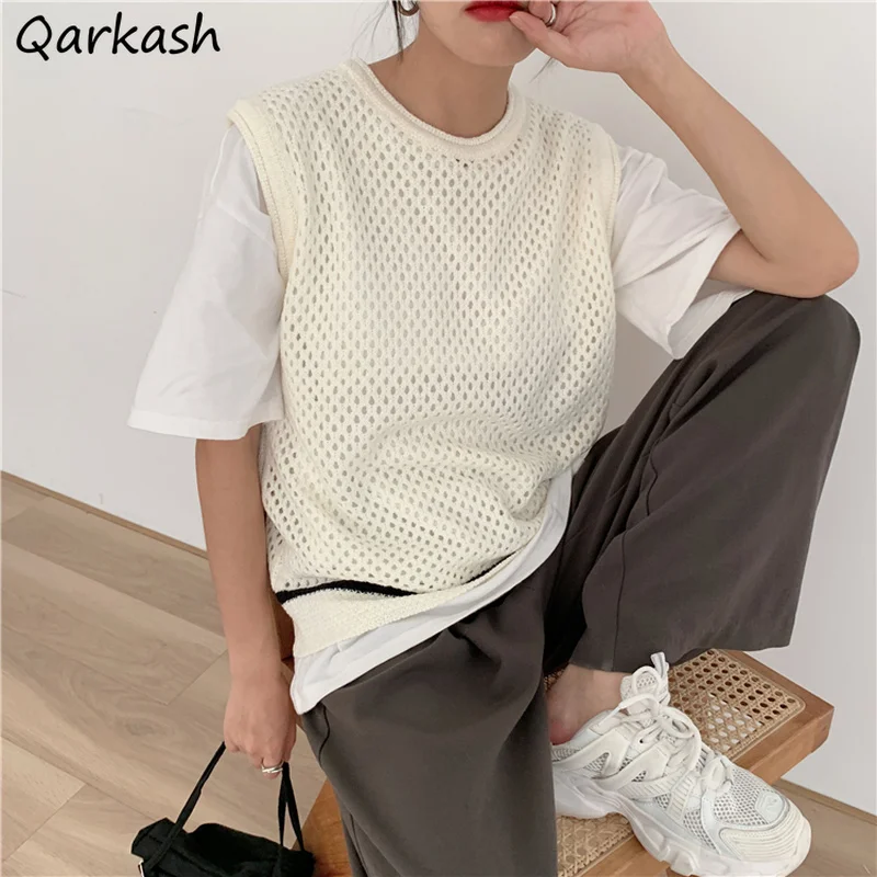 Vests Women O-neck Summer Fashion Patchwork Harajuku Couple All-match Outerwear Hollow Out Chic Design Popular Unisex Students