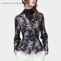 2021 Autumn Women Elegant Slim Vintage Jacquard Jacket Blazer Fashion Embroidered Long Sleeve Showy Flowers Ladies Office Blazer