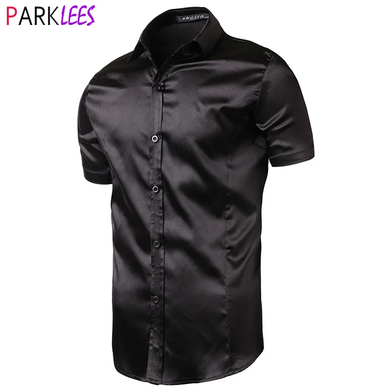 Elegante camisa de cetim preto dos homens 2020 verão manga curta seda como camisas de vestido dos homens casual festa casamento evento baile chemise homme