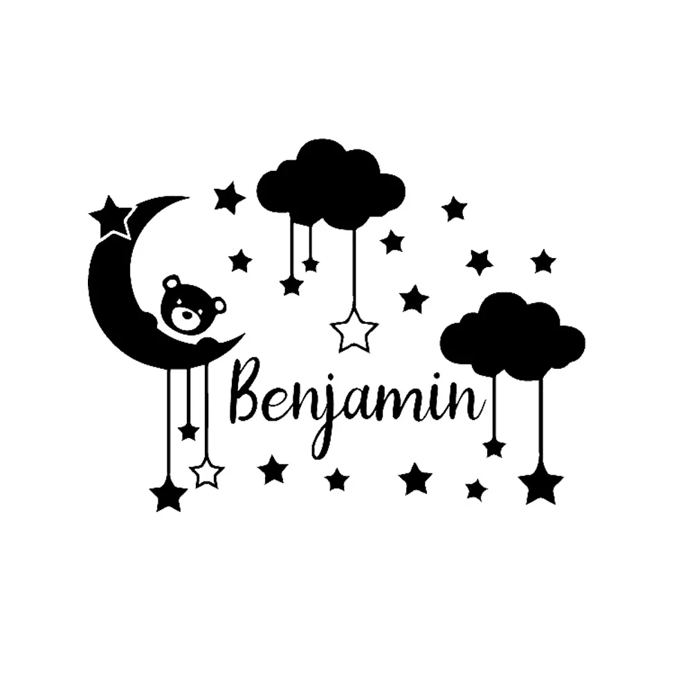 Personalized Wall Decals Custom Name Moon Clouds Stars With A Lovely Bear Decor Nursery Children Bedroom Vinyl Wall Sticker Y452