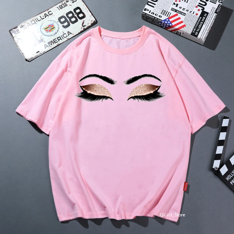 Princess Makeup Art Eyelashes Print T Shirt Women Clothes 2024 Pink Solid Tshirt Femme Harajuku Ulzzang Shirt Hip Hop Tops