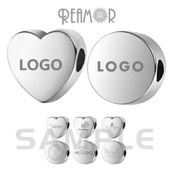 REAMOR 5pcs 316L Stainless Steel Blank Heart Round Bead Engrave Logo Love Metal Charm Beads For Jewelry Making Bracelet DIY Bead