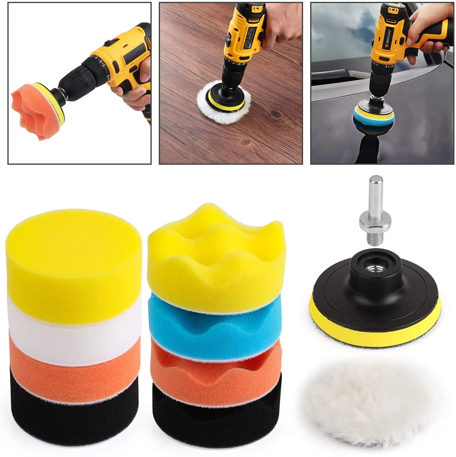 3inch Car Polishing Disc11Pcs/Set Self-Adhesive Buffing Waxing Sponge Wool Wheel Polishing Pad For Car Polisher Drill Adapter