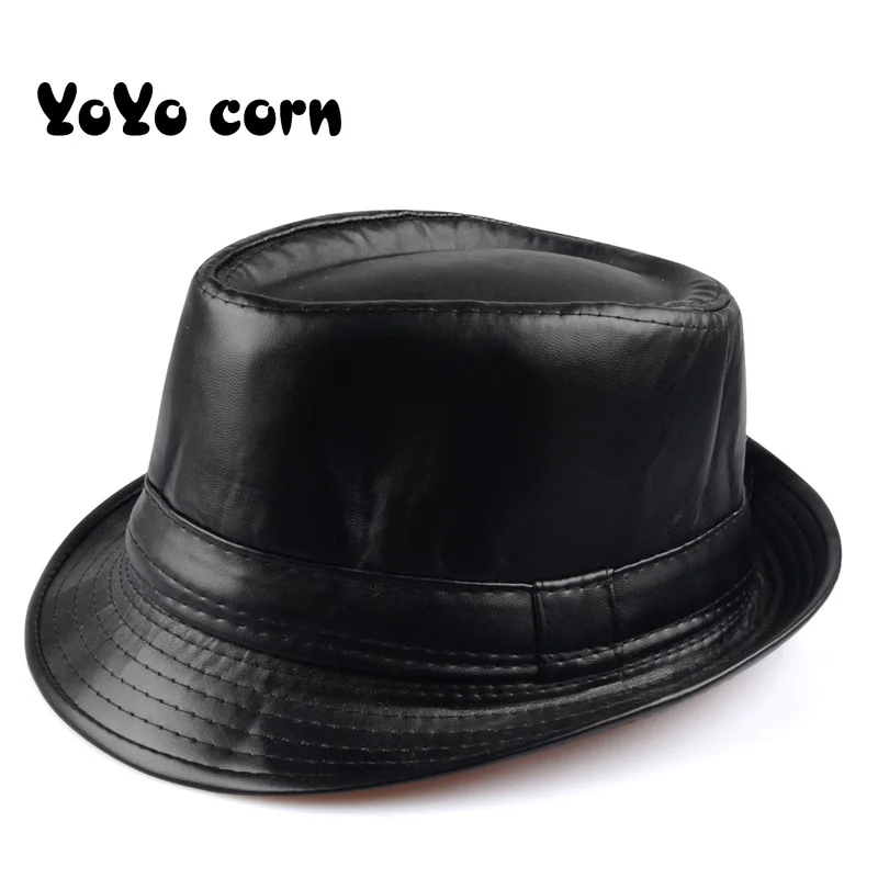 Solid color Leather Man\'s hat Wide Brim Stetson Fedoras British Hats For Men/Women Gentman Black Fitted Jazz Hip-Pop Gorras cap