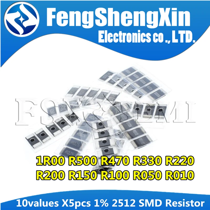 

10values X5pcs=50pcs 2512 1W 1% 1R00 R500 R470 R330 R220 R200 R150 R100 R050 R010 SMD Resistor Samples kit