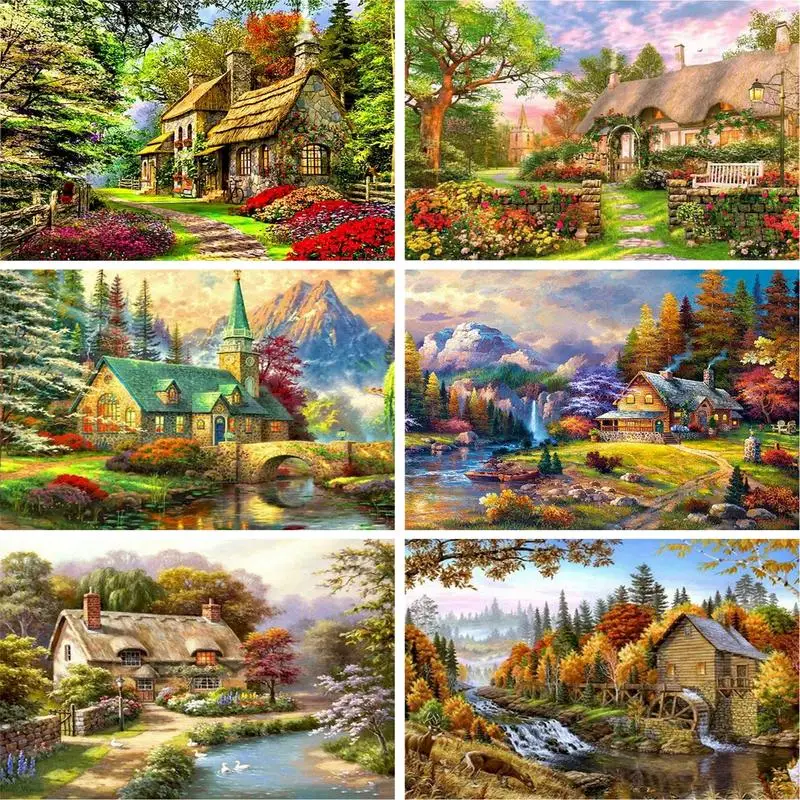 

GATYZTORY River Bridge Village Houses Scenery Painting By Numbers Unique Gifts Birthday HandPainted Drawing Canvas Artcraft