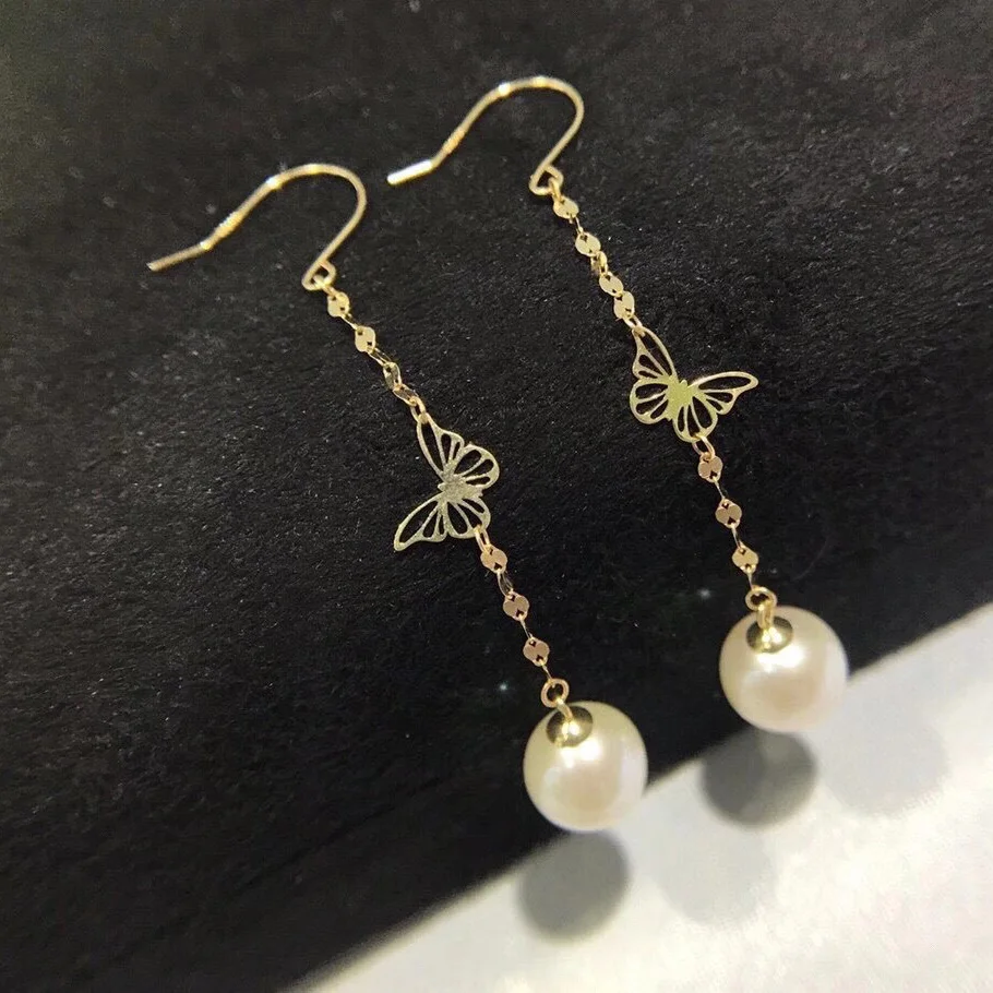 MADALENA SARARA 7-8mm AAA Freshwater Pearl  18K Gold Dangle Line Earrings Butterfly  Style Simple Chain AU750 Fine Women Earring