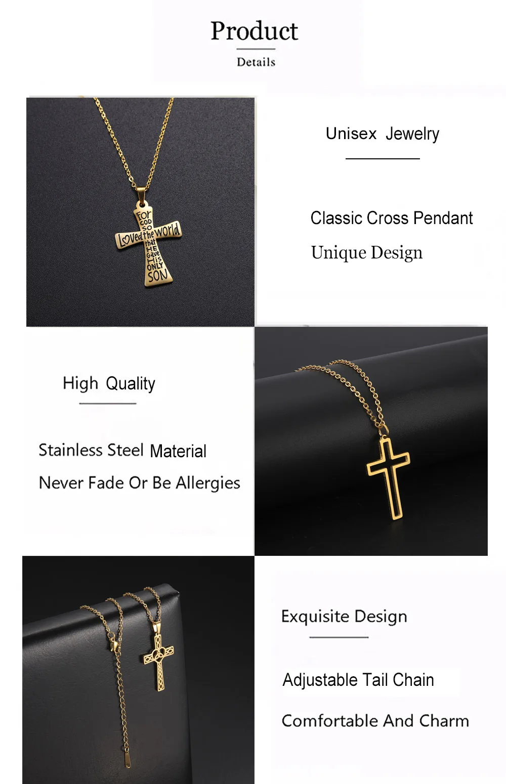 Cazador Trendy Religiöse Jesus Kreuz Anhänger Halskette Gold Farbe Edelstahl Kette Halsketten Für Unisex Hohl Schmuck Geschenk – Detail 6