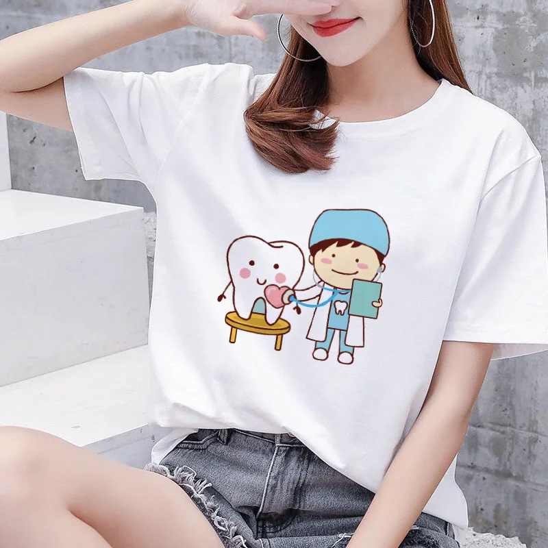 

Funny teeth dentist women's T-shirt 90s Harajuku Kawaii O-neck T-shirt illustration short sleeve fashion print casual Tshirt top