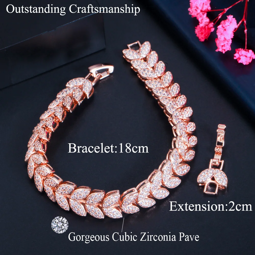 CWWZircons Luxury Fashion Leaf Shape Micro Pave Cubic Zirconia Stone Rose Gold Color Ladies Wedding Party Bracelets Bangle CB250