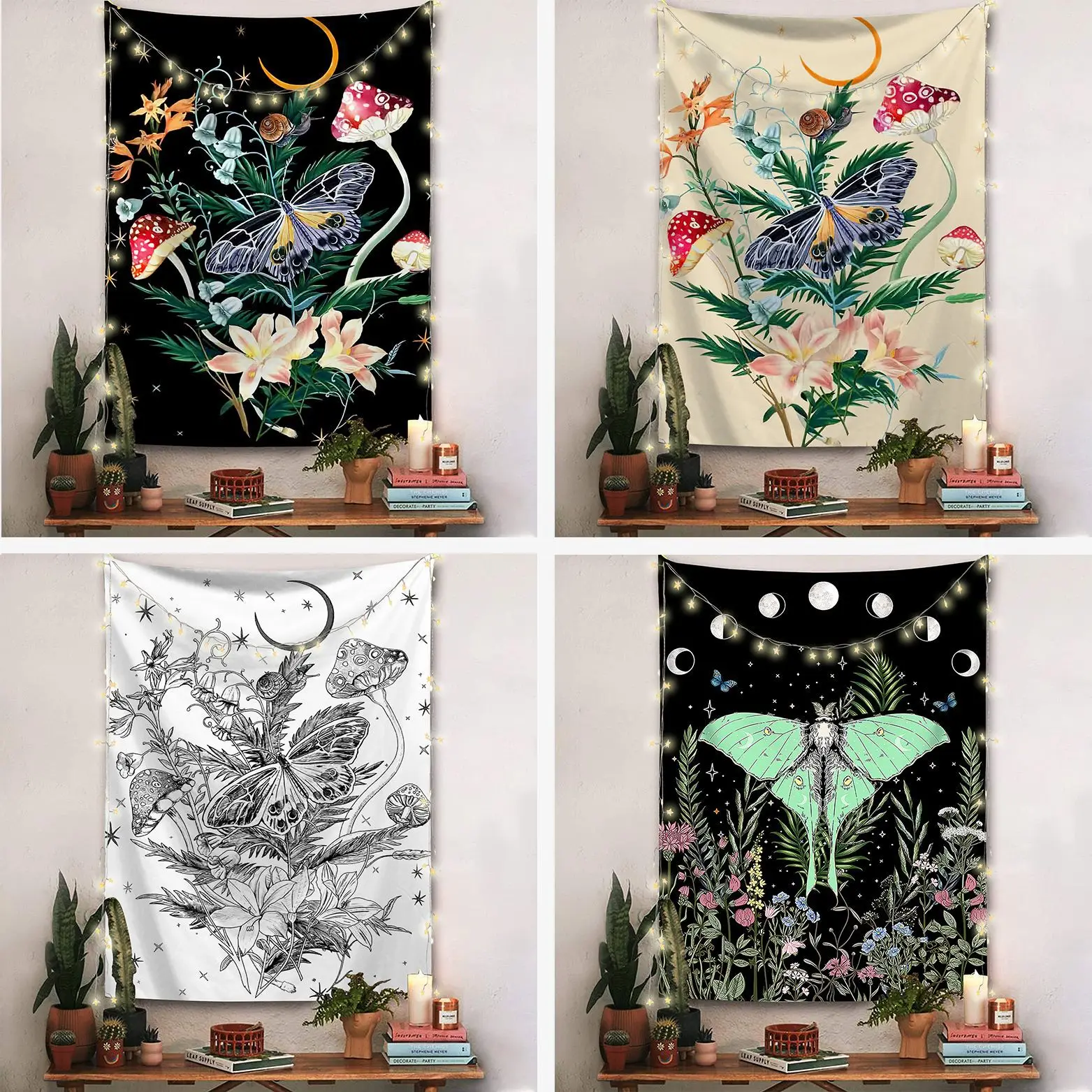 Garden tapestry moon phase tapestry flowers vines black background cloth home decoration wall carpet hanging cloth