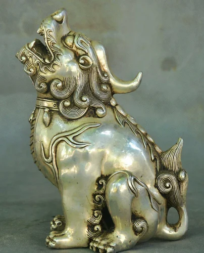 

6" Collect Old Chinese Palace Silver Fengshui Wealth Unicorn Beast Pixiu Statue