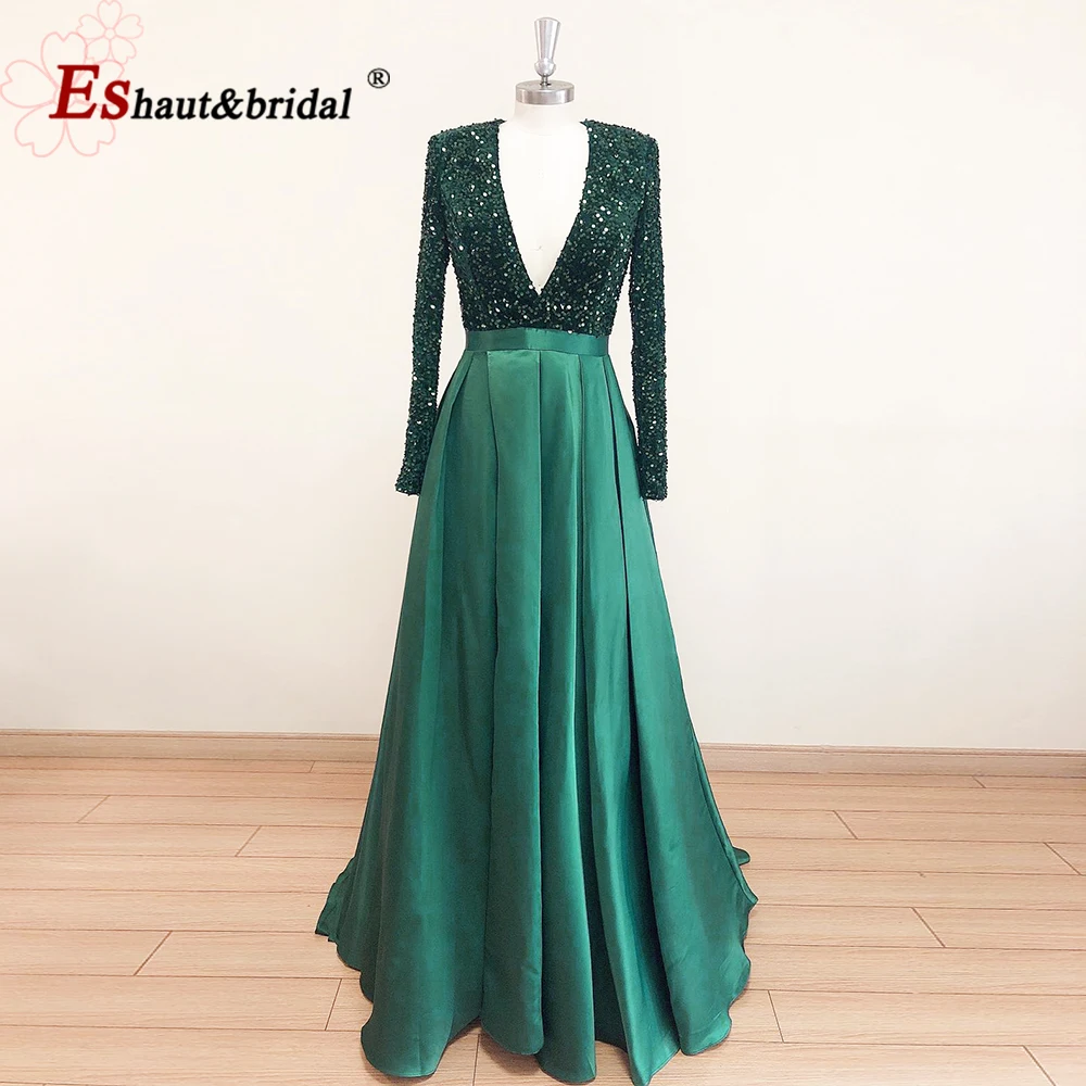 Vestido de noite feminino de veludo, elegante, mangas compridas, decote em v, cetim com fenda lateral, vestido formal, baile de casamento, 2021