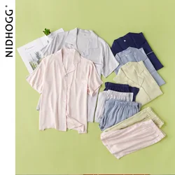 Women's And Men Summer Solid Color Short Sleeve Pajama Set Lapel Button Top and Shorts 2-Piece Suit Soft Comfortable Loungewear