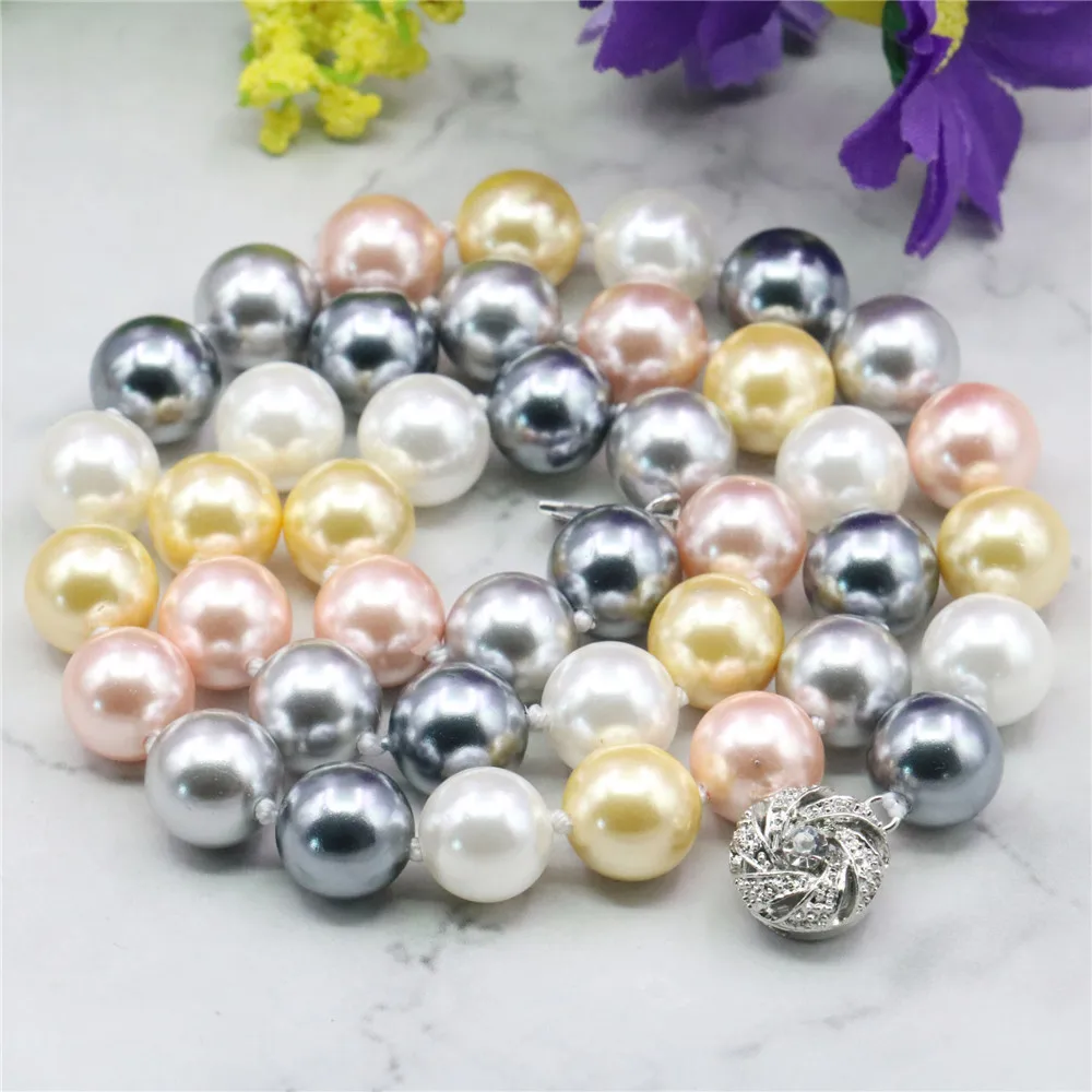 10mm Multicolor South Sea Shell Pearl Necklace Jewelry Making Design Rope Chain Necklace Pearl Beads Natural Stone Flower Clasp