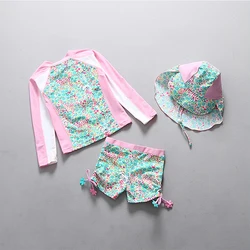 Pink Floral Sun Hat 3-Piece Girl Swimwear Children Toddler Baby Swimsuit Kids 2-Piece Swimming Long Sleeves Swim Wear Suit