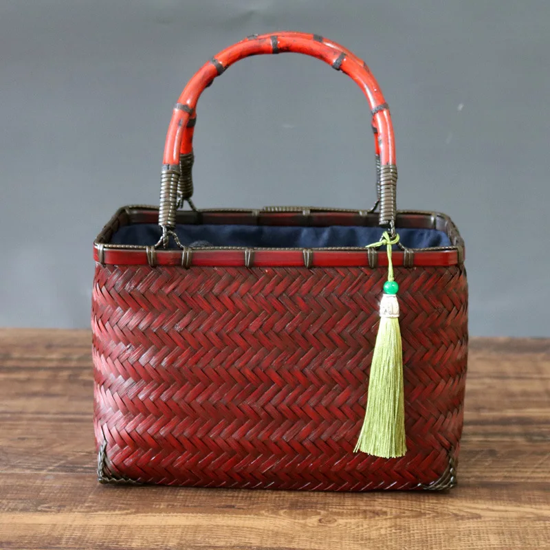 Handmade Retro Bamboo Woven Bag, Chinese Small Handbag, Tassel Pendant, Tea Ceremony, Tea Set Storage Bag