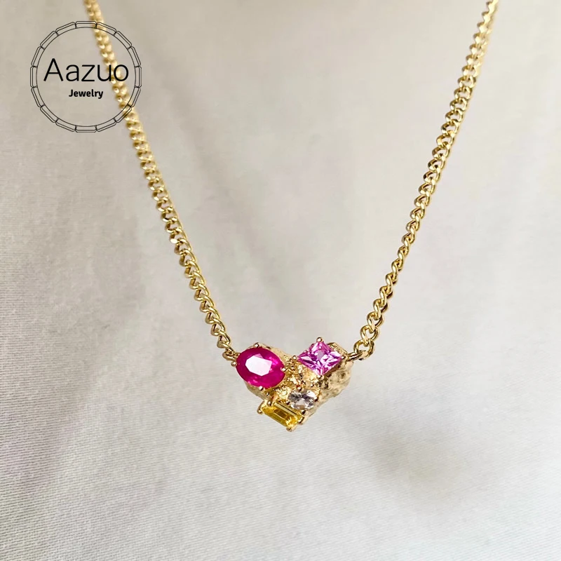 

Aazuo 18K Yellow Gold Natural Ruby Sappires Classic Lovely Heart Pendent With Chain Necklace gifted for Women Au750 18 Inch