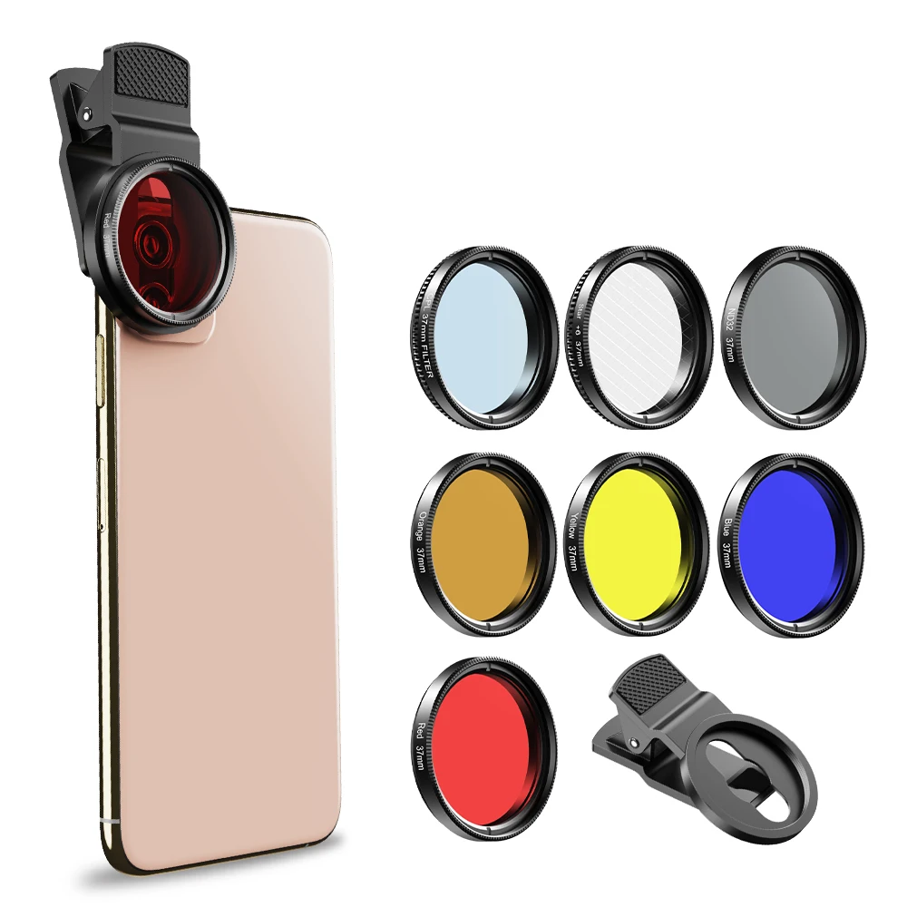 APEXEL 7 in 1 Camera Phone Lens Kit 37mm Graduate Red Blue Yellow Filters +CPL/ND Star Filter For Smartphones Telescop Accessory