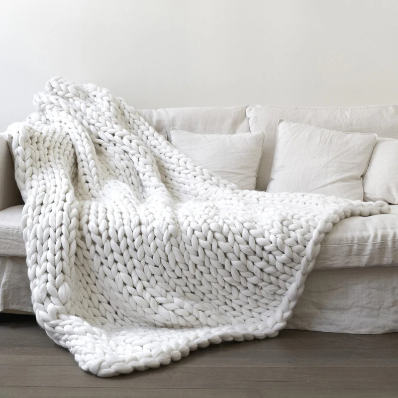 Fashion Hand Chunky Knitted Blanket Thick Yarn Wool-like Polyester Bulky Knitted Blankets Winter Soft Warm Throw Drop Shipping