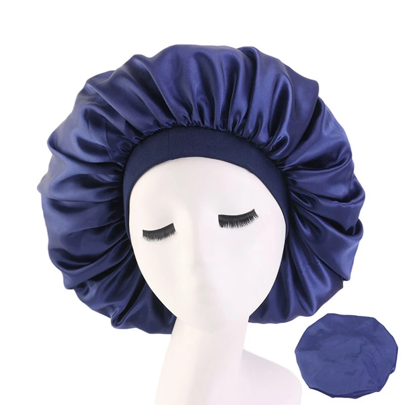 Newly Fashion Women Satin Night Sleep Cap Hair Bonnet Hat Silk Head Cover Wide Elastic Band Hair Care For Women Men Unisex 1pcs