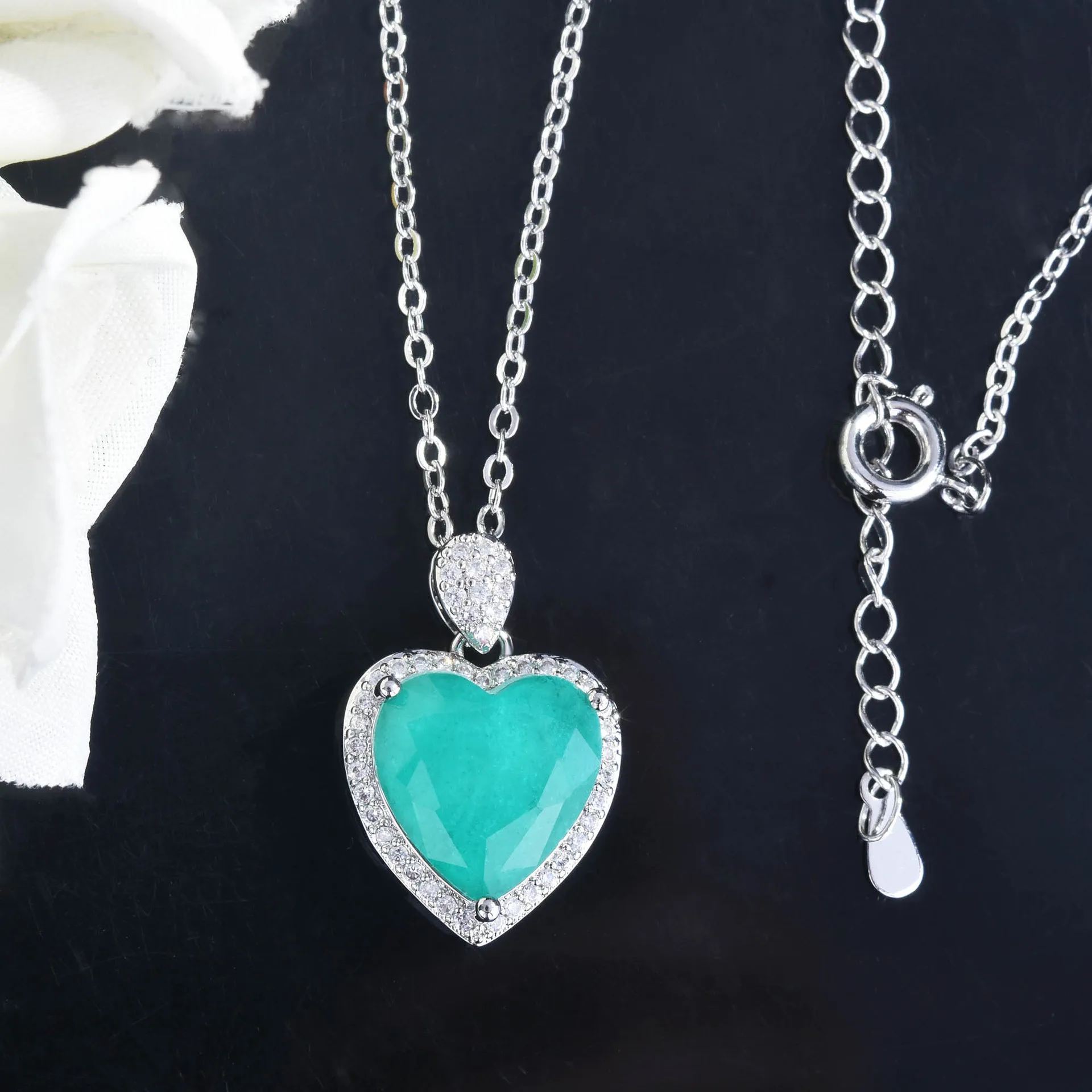 QTT New Luxury  Silver Wedding Jewelry Set Paraiba Tourmaline Stone Love Heart Pendant Necklace Resizable Ring CZ Earrings