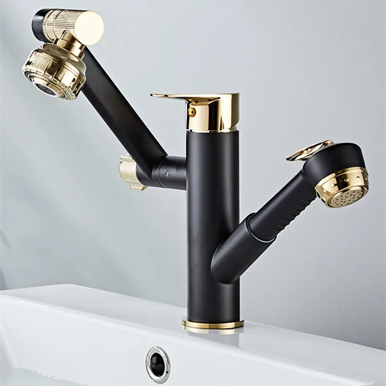 

Pull-out Washbasin Hot and Cold Water Faucet Sink Basin Basin Bathroom Black Gold Rotating Shampoo Retractable Bathroom Faucet