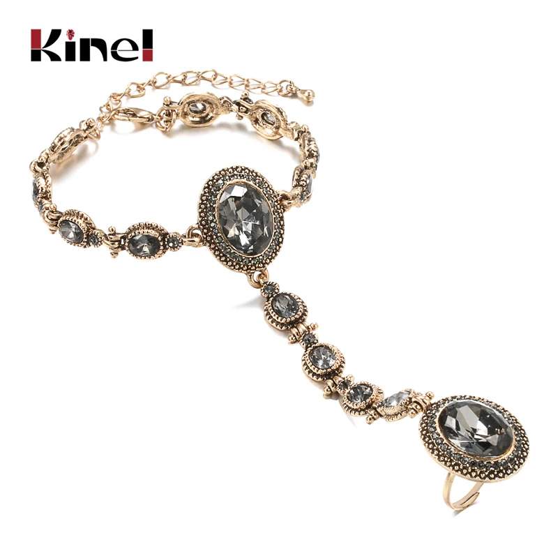 Kinel Luxury Boho Charm Bracelet Link Ring For Women 585 Alloy Gold Color Crystal Flower Link Bracelets Vintage Wedding Jewelry