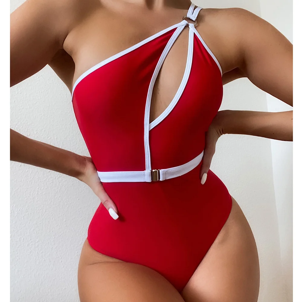 VigoCasey Hollow Out One Shoulder Swimwear Women 2025 Sexy One Piece Swimsuit Female High Waist Monokini Solid Belt Bathing Suit