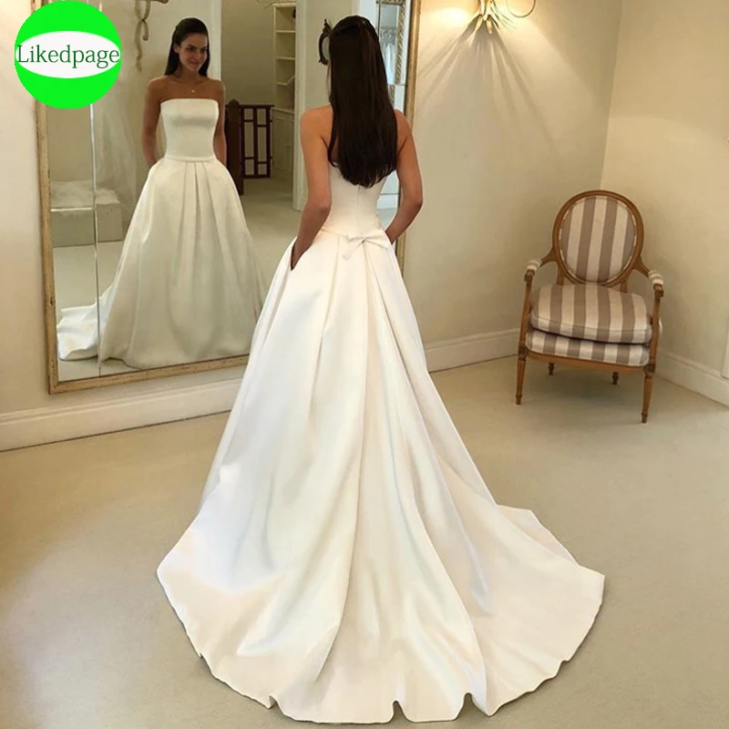 

Simple Satin Wedding Dress 2021 Vestidos De Novia Strapless A Line Robe Mariage Boda Bride Gown Trouwjurk With Pocket Bow Belt