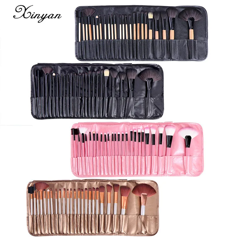 XINYAN 24pcs Pink Black Makeup Brushes Set With Bag Profession Powder Foundation Large Eye Shadow Angled Brow Makeup Brushes Set