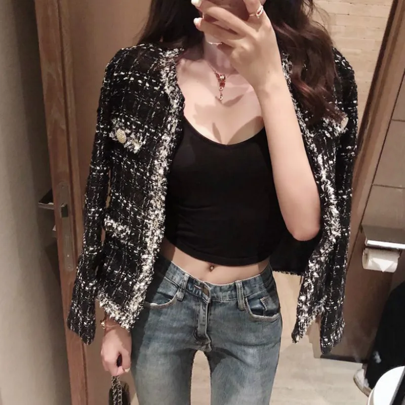 

Vintage Black Tweed Plaid Jackets Buttons Coats Mini Geometric Blazer Long Sleeve Woman Suits Tassels Cardigan Outerwear Tops