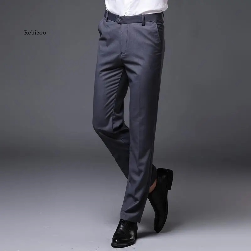 Mens Slim Fit Straight Dress Pants Flat-Front Causal Trousers Male Business Formal Wine Red