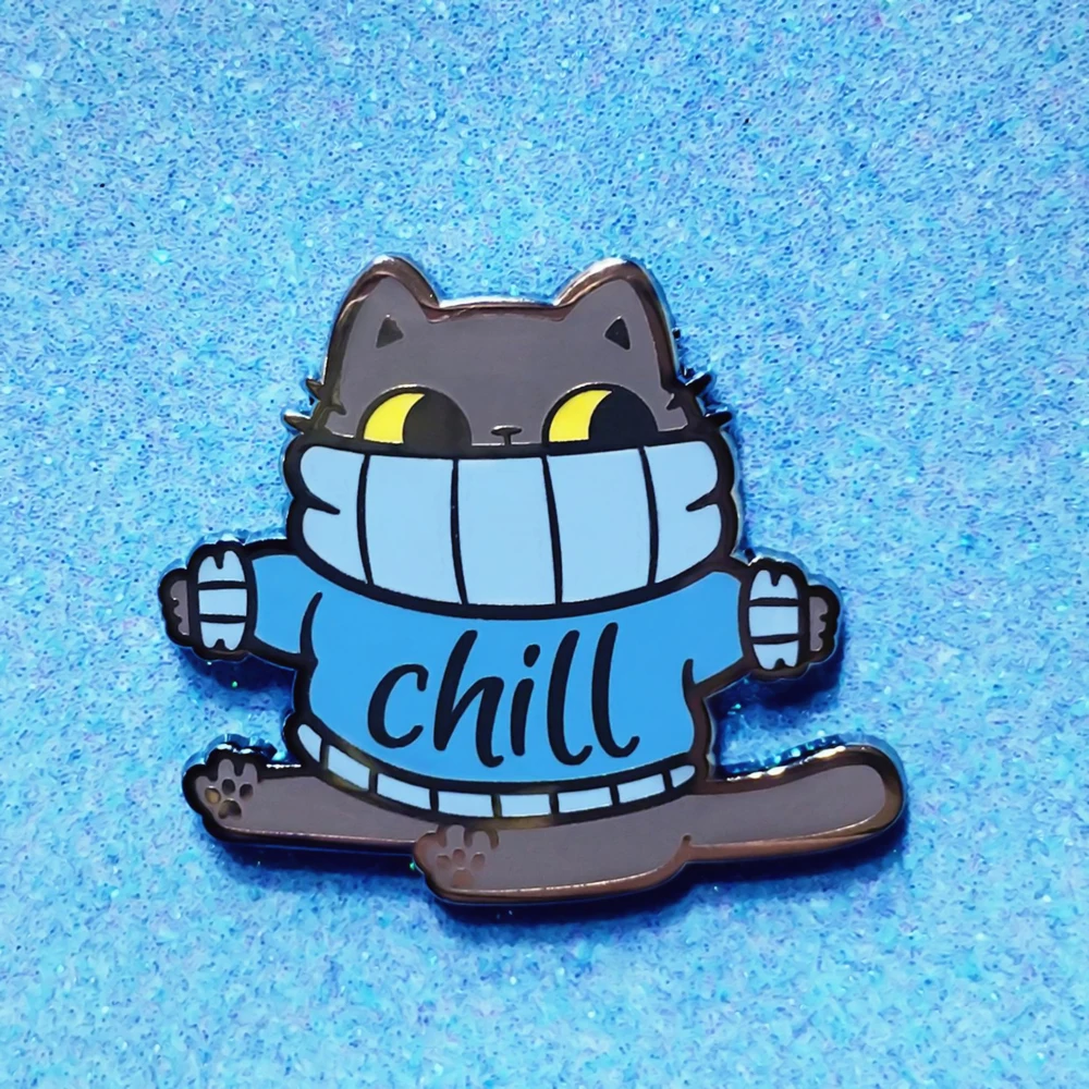 Chill Cat Hard Enamel Pin Cute Cartoon Animal Blue Sweater Fat Kitty Badge Brooch Jewelry Fashion Lapel Backpack Hat Pins Decor