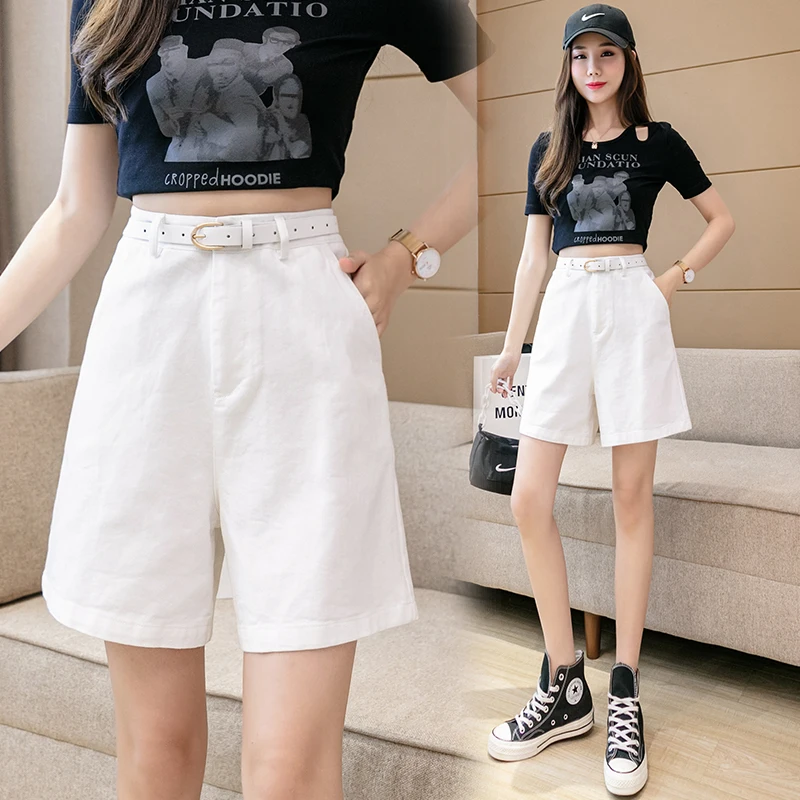 Belt Lounge Shorts Women Plus Size Cotton Jersey Shorts High Waist Shorts Straight Wide Leg Chic Classic Casual Streetwear Short