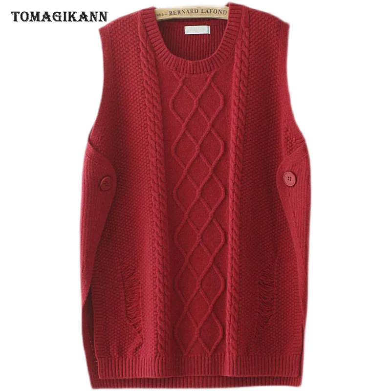 

Women Knitted Sweaters Vests O Neck Side Button Split Sweater Waistcoat 2021 New Vintage Casual Plus Size Knitwear Tops