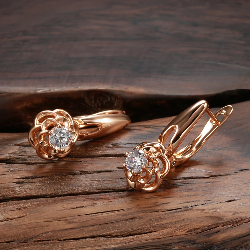 Kinel Trend Unusual Crystal Flower Earrings Ring Sets 585 Rose Gold Natural Zircon Drop Earrings Creative Wedding Jewelry Set